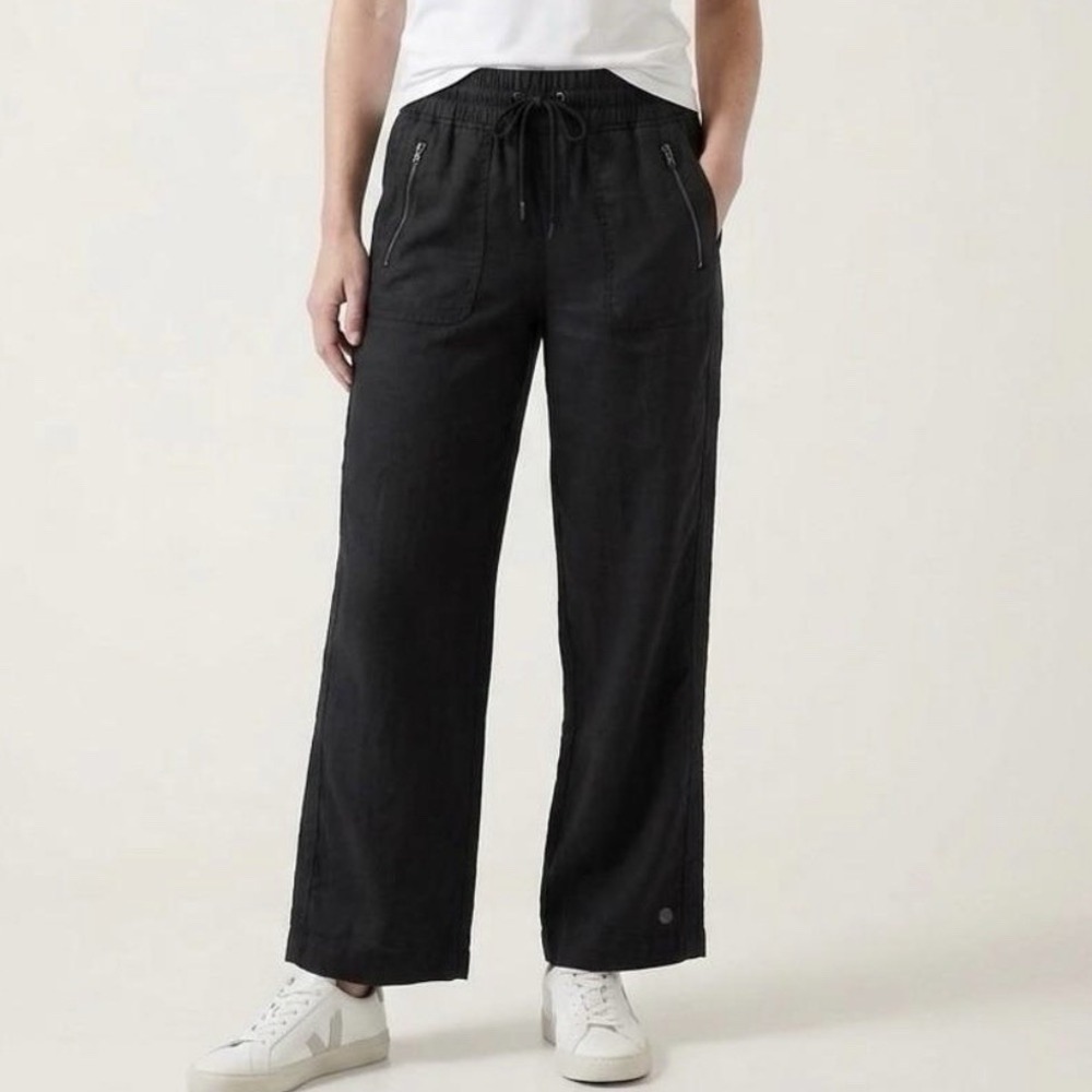Athleta Cabo Linen Wide Leg Pant 4T Retreat Stretch Zip Pocket Black City Boho